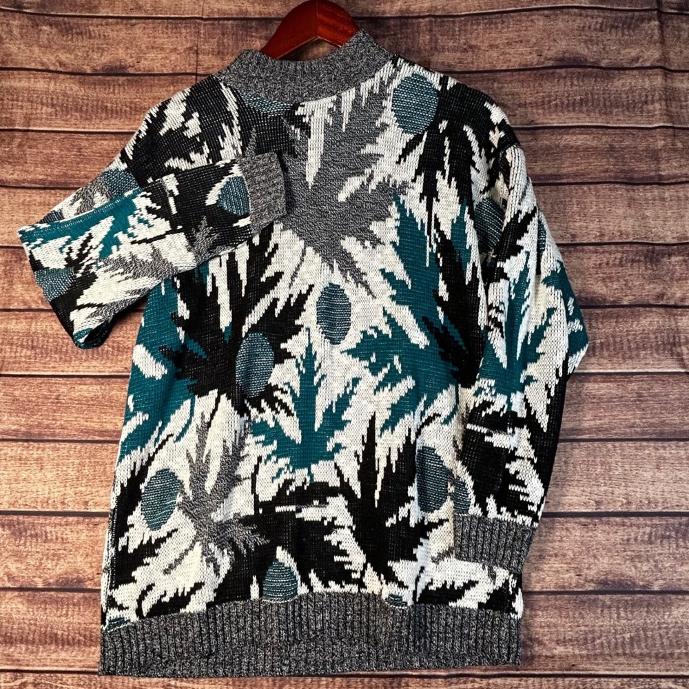Vintage Keneth Too! Abstract Maple Leaf Knit Sweater Teal Black White USA Made M
